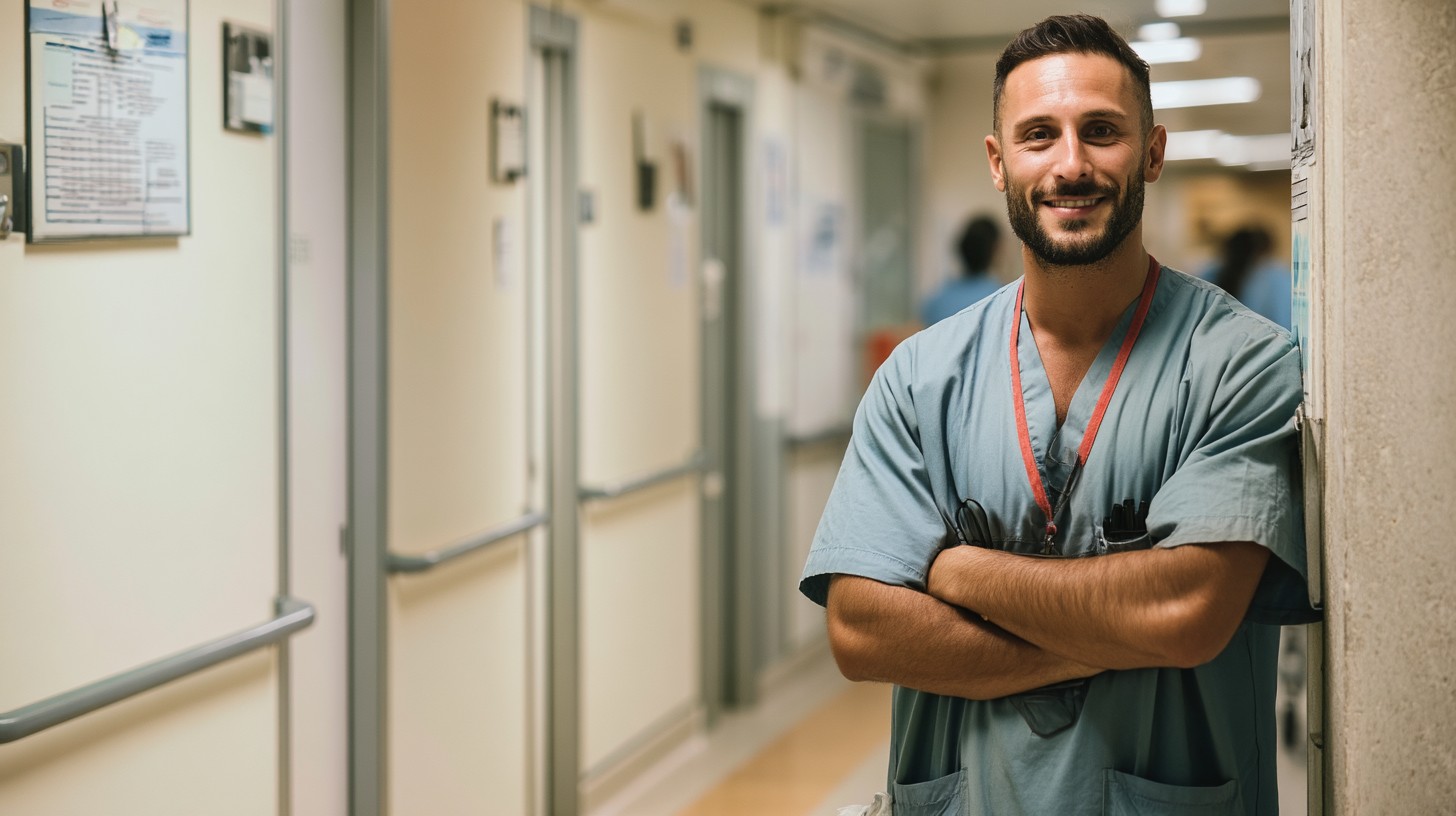 Profesional sanitario con uniforme azul verdoso y pulsera naranja sonríe con brazos cruzados en pasillo de hospital con puertas y documentos en pared