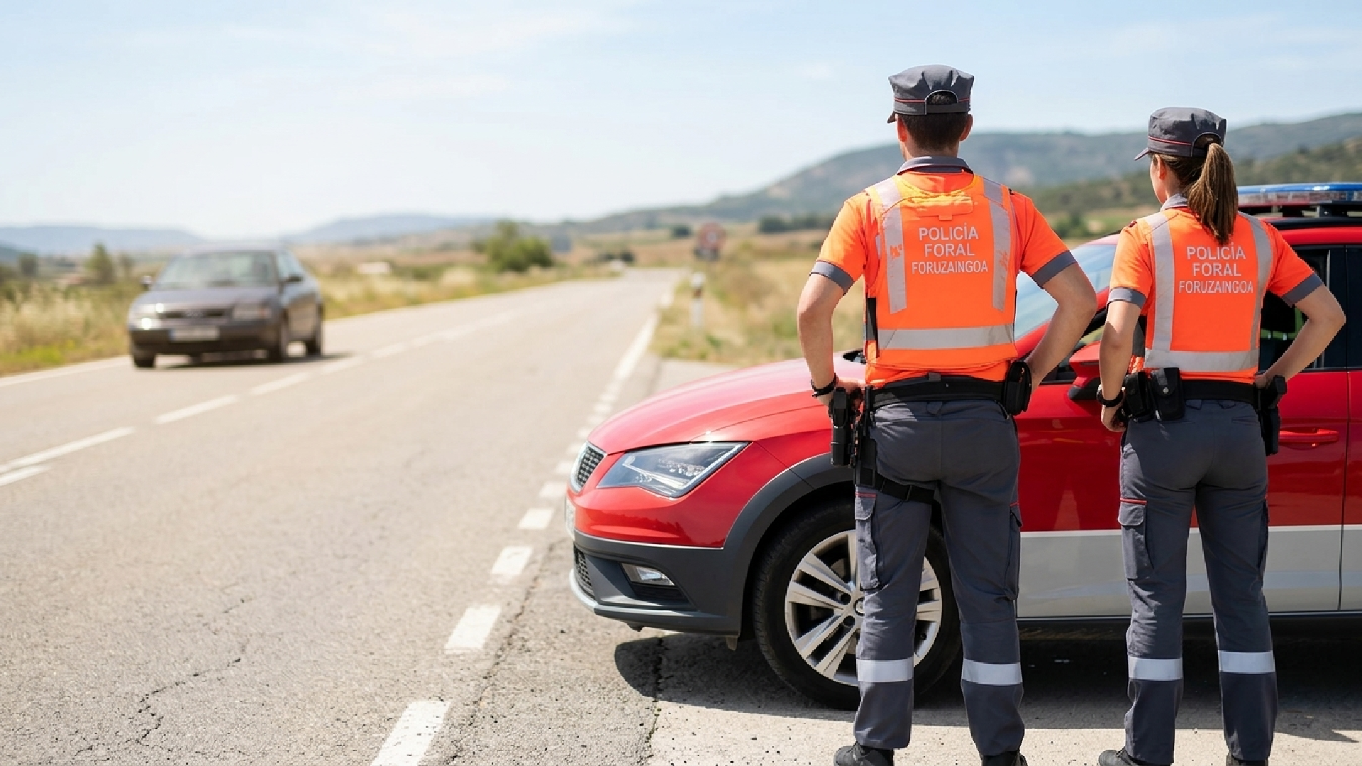 Dos agentes de la Policía Foral con chalecos naranjas vigilan una carretera junto a su coche patrulla rojo