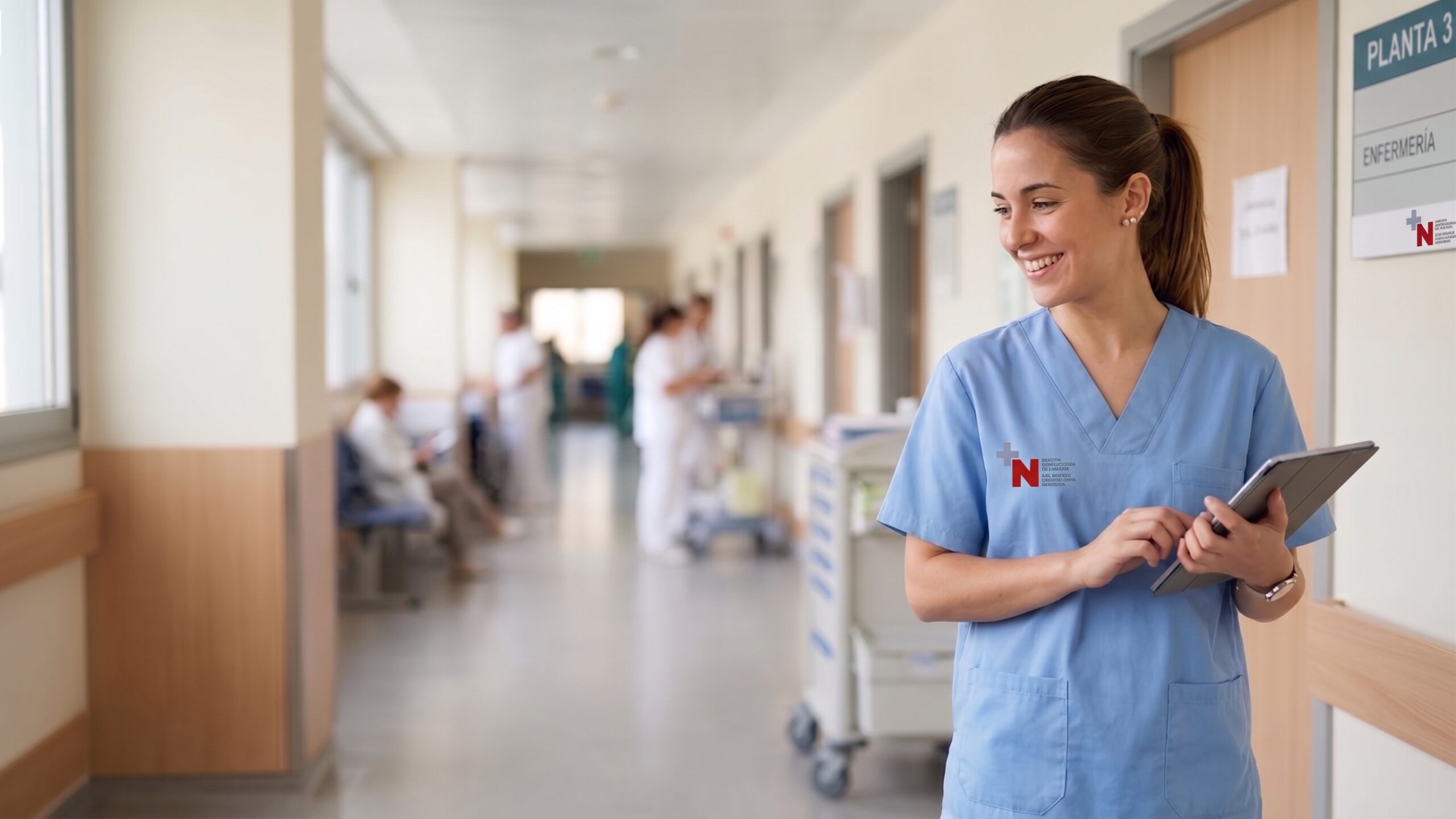Auxiliar de enfermería con uniforme azul claro azul y tablet sonríe en el pasillo de un hospital