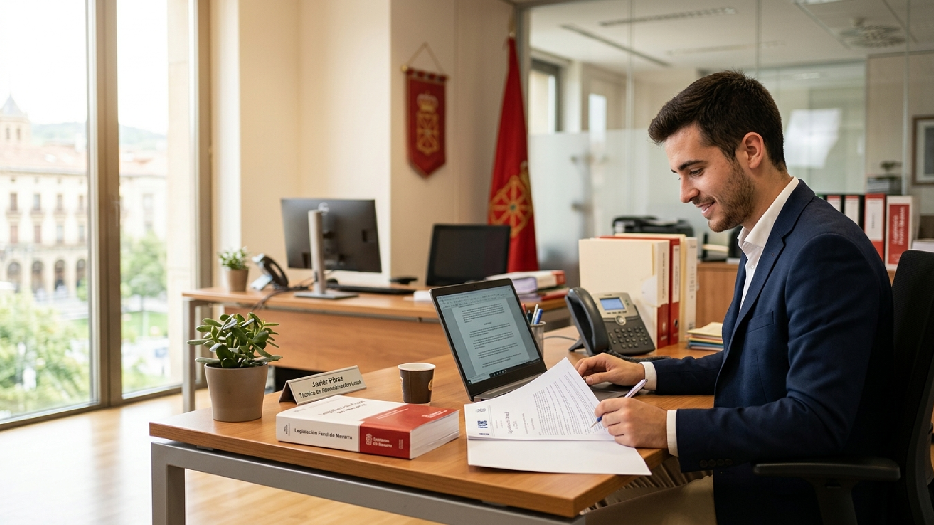 Joven con traje azul revisa documentos y portátil en despacho oficial con bandera de Navarra y manual de legislación foral