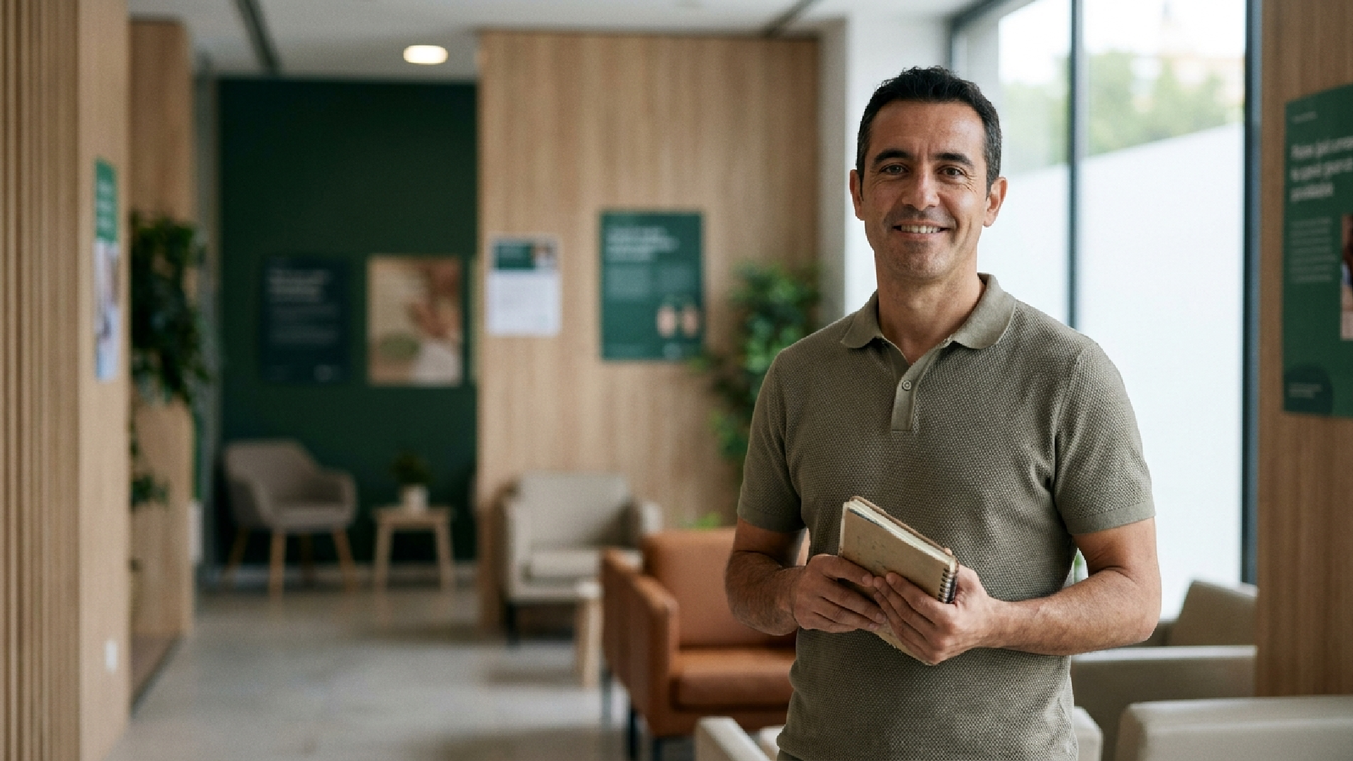 Hombre sonriente con polo verde sostiene un cuaderno en la sala de espera de un centro de servicios sociales